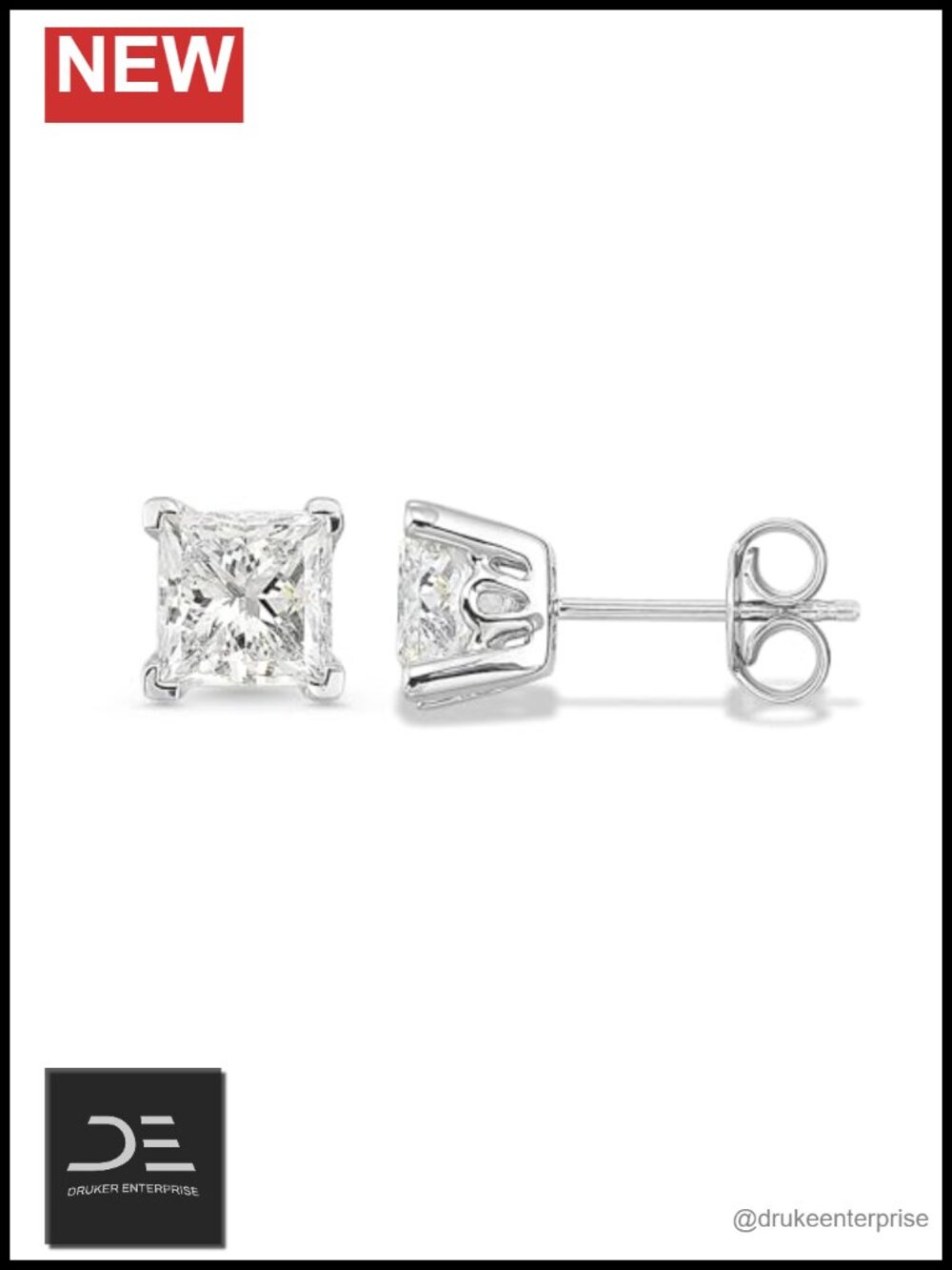 Princess Cut Lab Grown Diamond Stud Earrings 14K White Gold Push Back 2ctw IGI